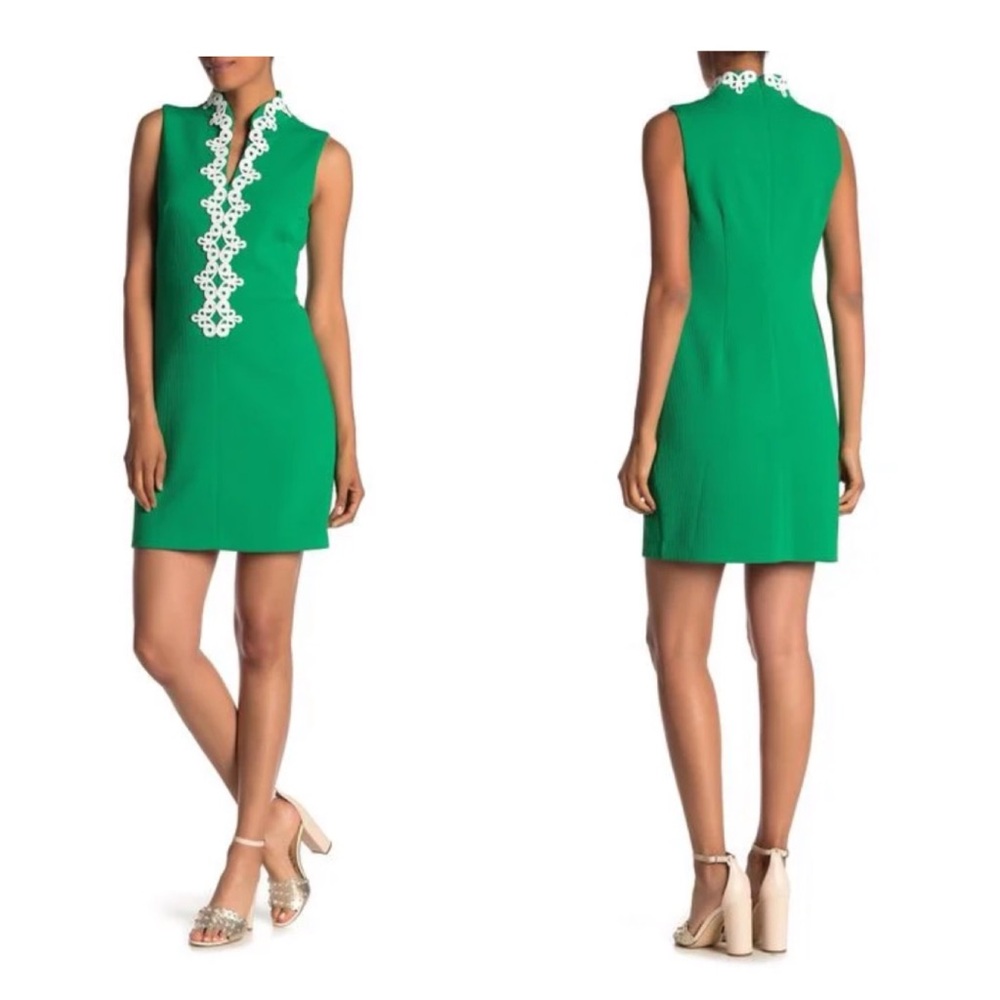 Vince Camuto Green Sleeveless Shift Dress with White Lace Trim